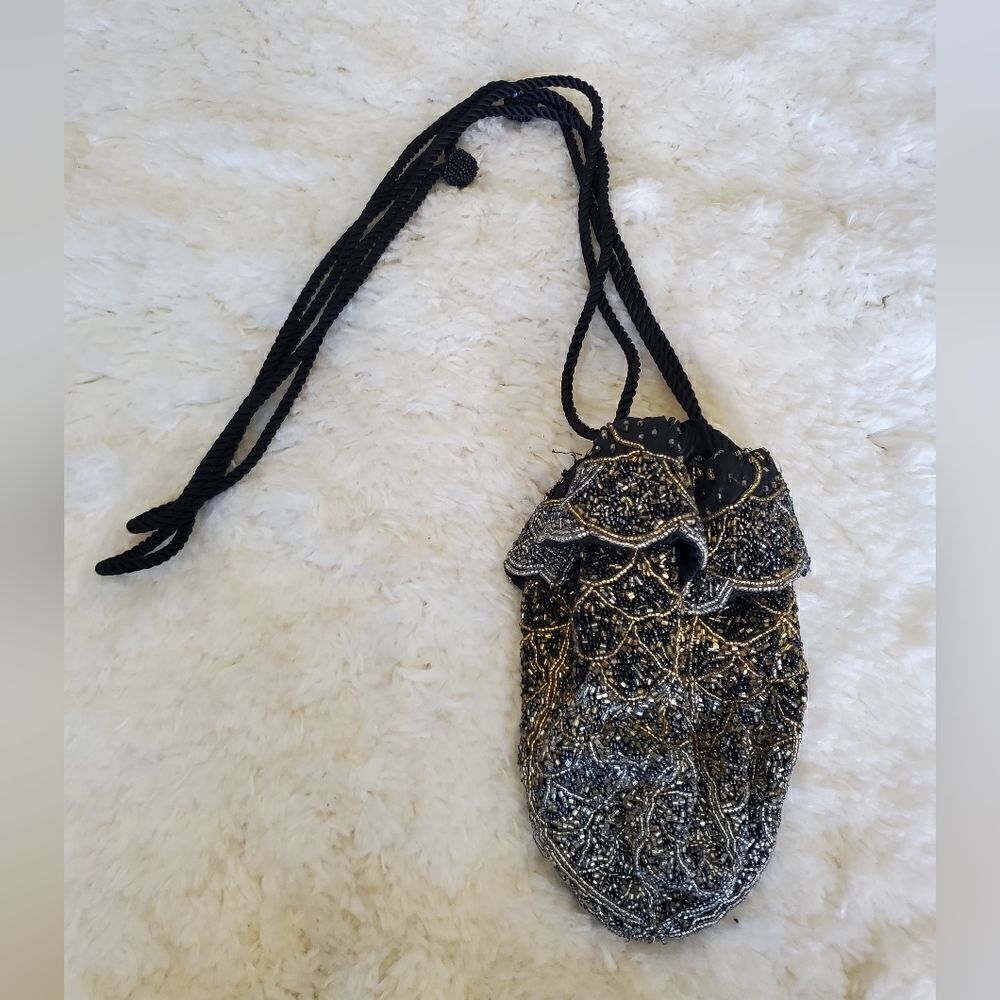 Vintage Black‎ & Golf Beaded  Draw String Hand Bag
